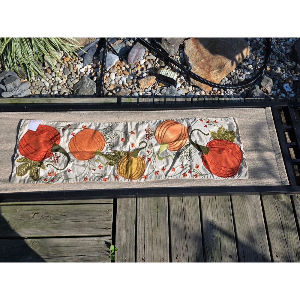 Embroidered Pumpkin Table Runner Fall Harvest Thanksgiving Decor 42.5x13 Cream